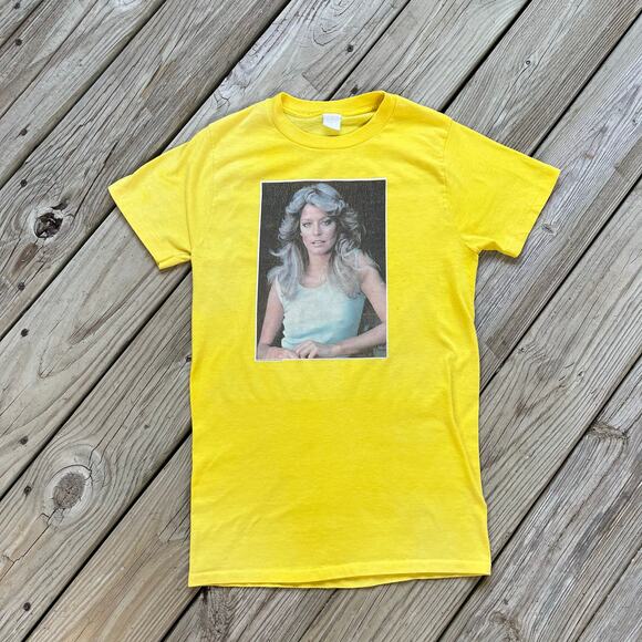 Women's Vintage 70's Era Yellow Farrah Fawcett Iron-On Tee Size XS - Picture 1 of 7